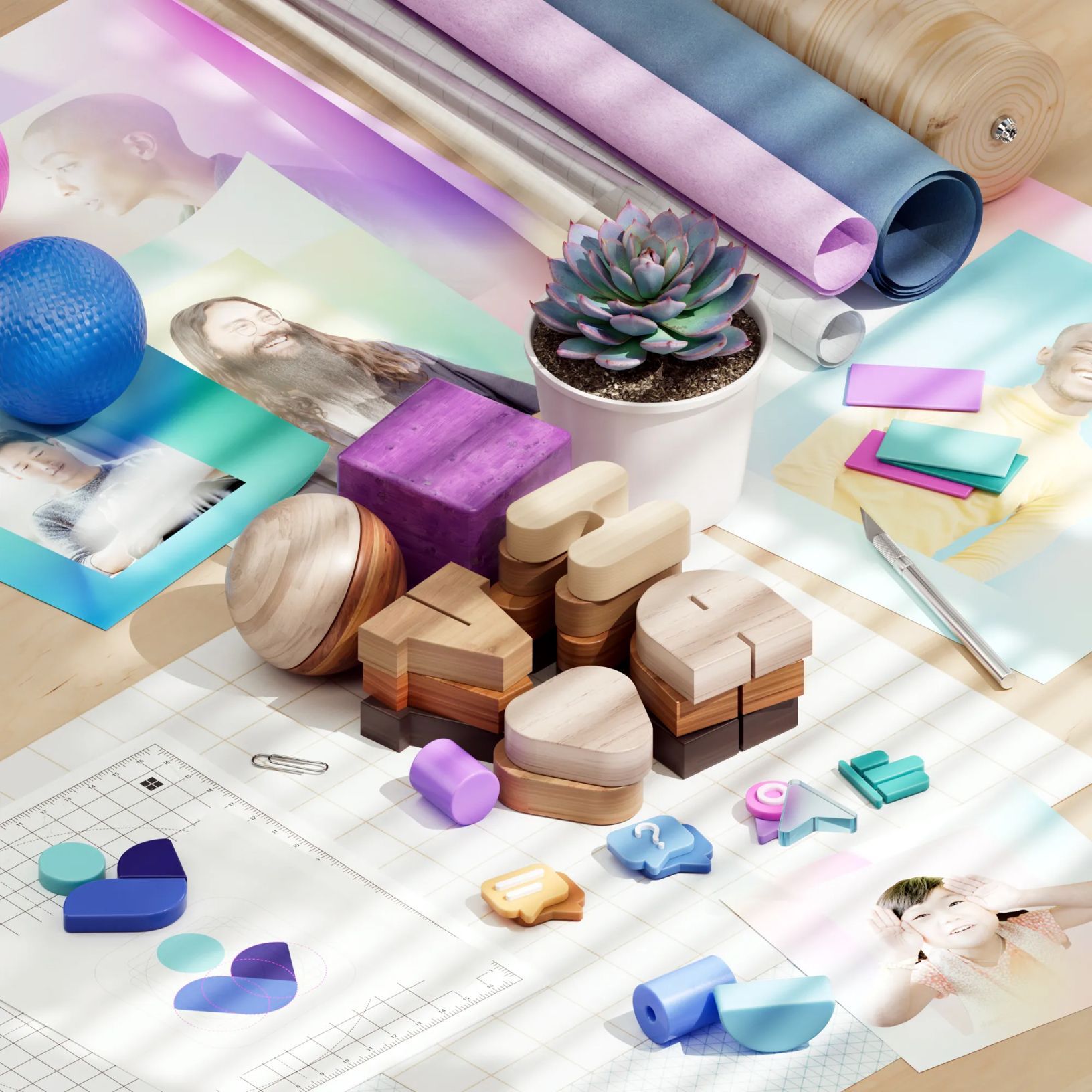 A desk with colorful geometric blocks, small wooden sculptures, puzzle pieces, and a potted succulent. Photo prints, blue ball, pen, rolled papers, and crafting tools are scattered. Bright, artistic workspace with various items arranged aesthetically.