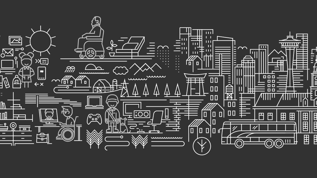 Illustration of a cityscape blending urban and countryside elements. Depicts tall buildings, houses, trees, a wheelchair user, people working at desks, a bus, farm fields, and various technological icons on a dark background with a white line drawing style.