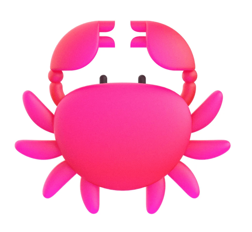 A simplistic, bright pink cartoon crab with a rounded body, eight legs, two claws, and two small black eyes on top. The crab has a smooth, minimalist design.