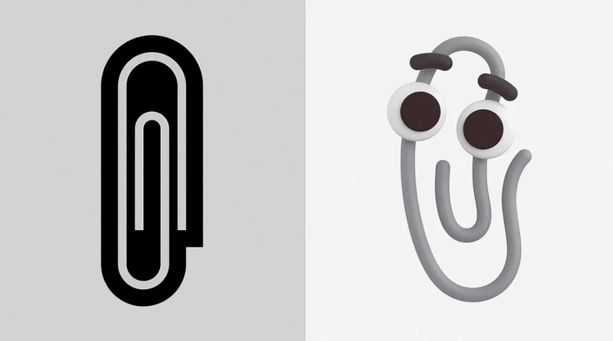 An image is split into two halves: the left side shows a simple black outline of a paperclip, and the right side depicts a more detailed, playful depiction of a paperclip with two large, googly eyes and expressive eyebrows.