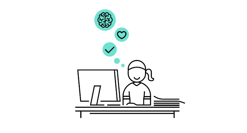 A simplistic line drawing depicts a person with a ponytail sitting at a desk with a computer monitor. Above their head are three icons: a brain, a heart, and a checkmark, each within blue circles, suggesting thought or focus on these elements.