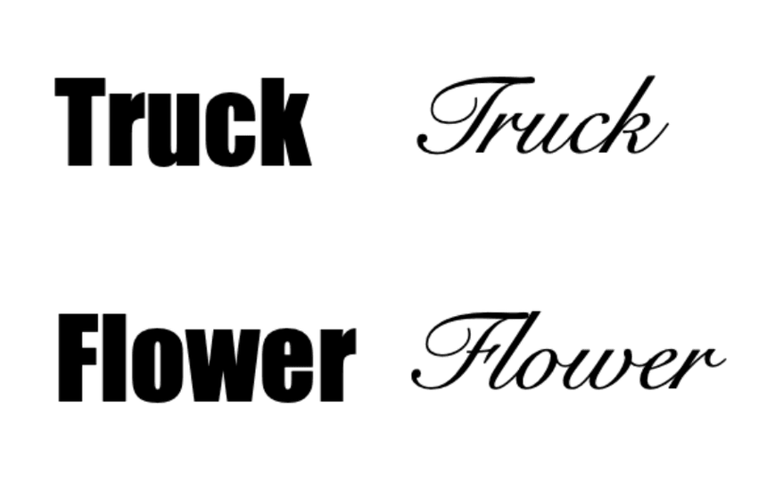 The image shows the words "Truck" and "Flower" written in two different fonts. On the left, the words are in a bold, sans-serif font. On the right, the words are in a cursive, serif font.