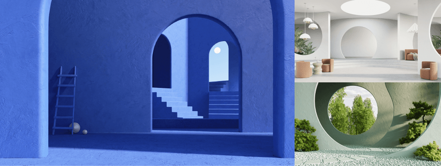 A collage of three minimalist architectural spaces. Left: A blue arched hallway with stairs. Top right: A white, circular room with chairs and plants. Bottom right: A green room with large circular openings showcasing outdoor trees and greenery.