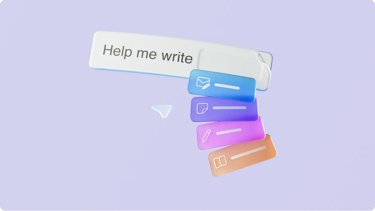 A visual representation shows a text input box with "Help me write" written inside. Below it, there are four floating, rectangular buttons in blue, purple, and orange hues, each with different icons: an envelope, a list, a pencil, and a book. A small paper plane icon is also visible.