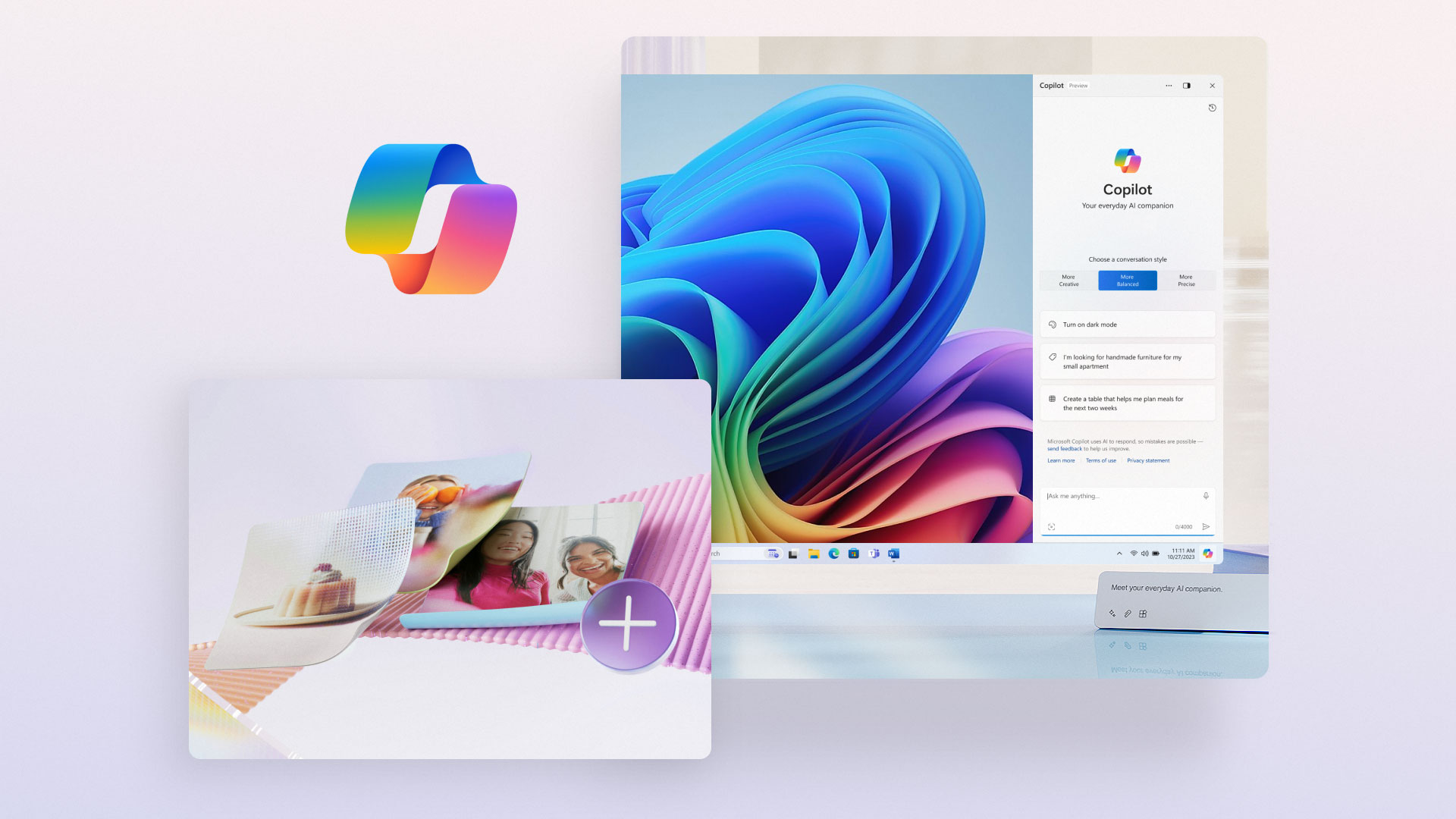 A colorful Microsoft Copilot logo on the left with a collage of photos next to it. On the right, a computer screen displays the Copilot app interface with a vibrant, abstract wallpaper in the background.