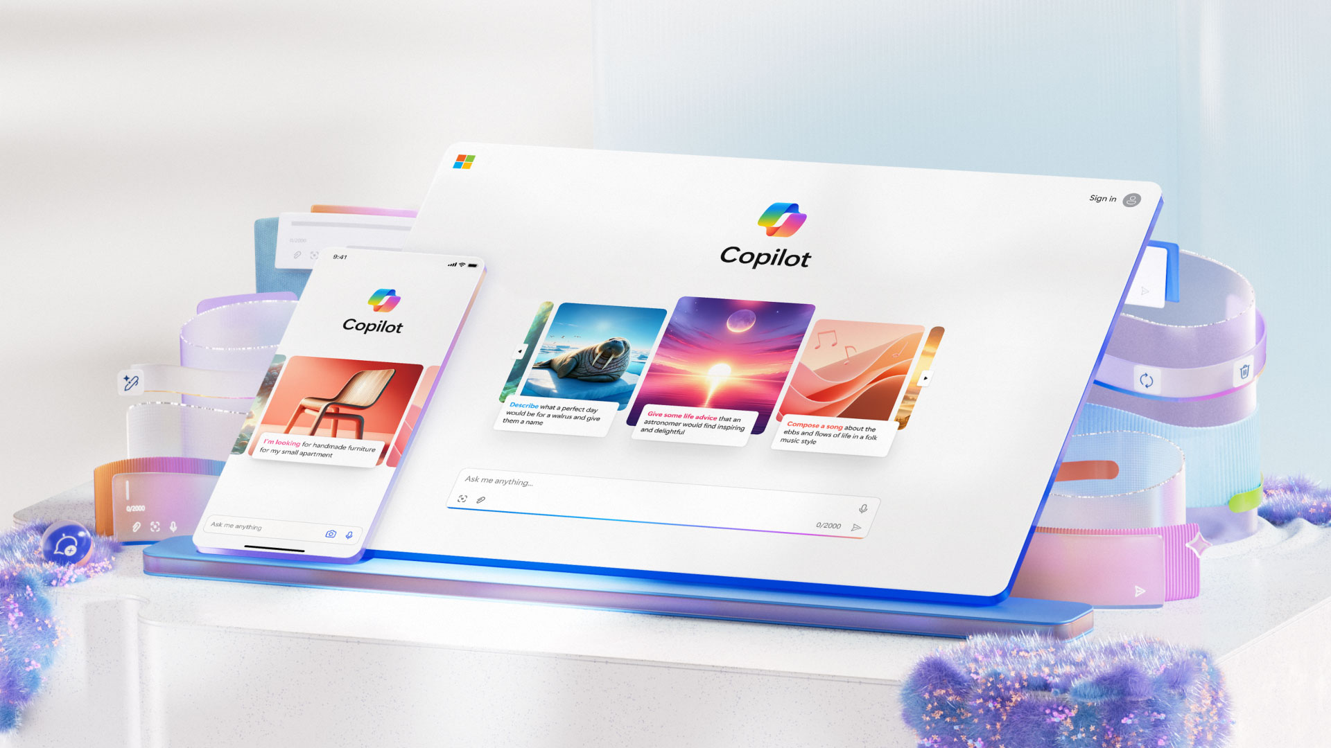 A stylized digital setup featuring a tablet and a smartphone both displaying a screen with the title "Copilot" and various colorful icons. The background includes a soft, abstract design with bright colors and blurred shapes, creating a modern and futuristic ambiance.