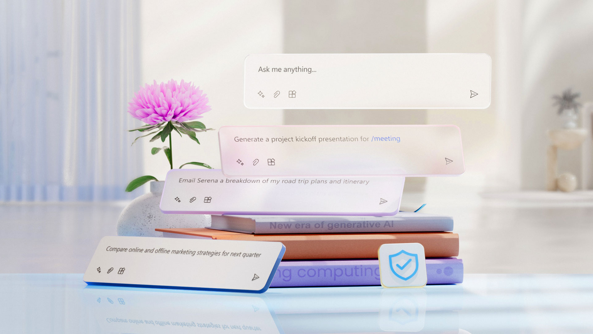 A serene, minimalistic scene featuring a stack of books with floating text boxes above them. Each text box displays a different task or prompt related to AI assistance, such as generating presentations and emails. A pink flower in a vase sits in the background.