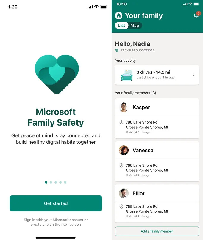 The image shows screenshots of the Microsoft Family Safety app. The first screen displays the app's logo, a heart-shaped emblem, and text encouraging safety and healthy digital habits. The second screen shows a family activity summary, including recent drives and family member details.