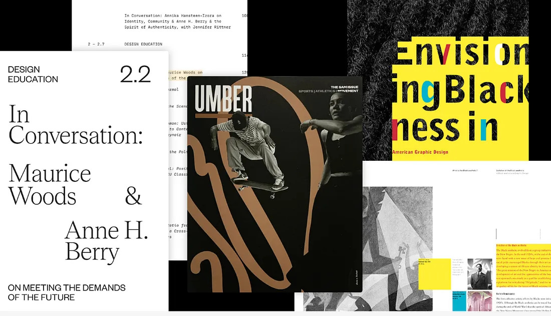 A collage of diverse design-related publications. Prominent pieces include an excerpt titled "In Conversation: Maurice Woods & Anne H. Berry," a cover with "UMBER" and an image of a skateboarder, and a colorful "Envisioning Blackness in American Graphic Design" cover.