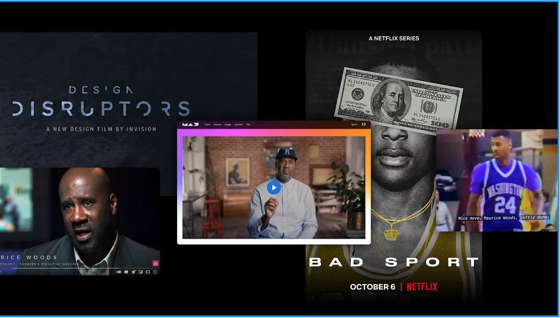 A collage of different Netflix series and films. Includes "Design Disruptors" title, a man speaking with subtitles saying "BRUCE WOODS," a person with money over their eyes under "A Netflix Series," and basketball scenes, including a player in a blue jersey #24. "BAD SPORT" text is also visible.