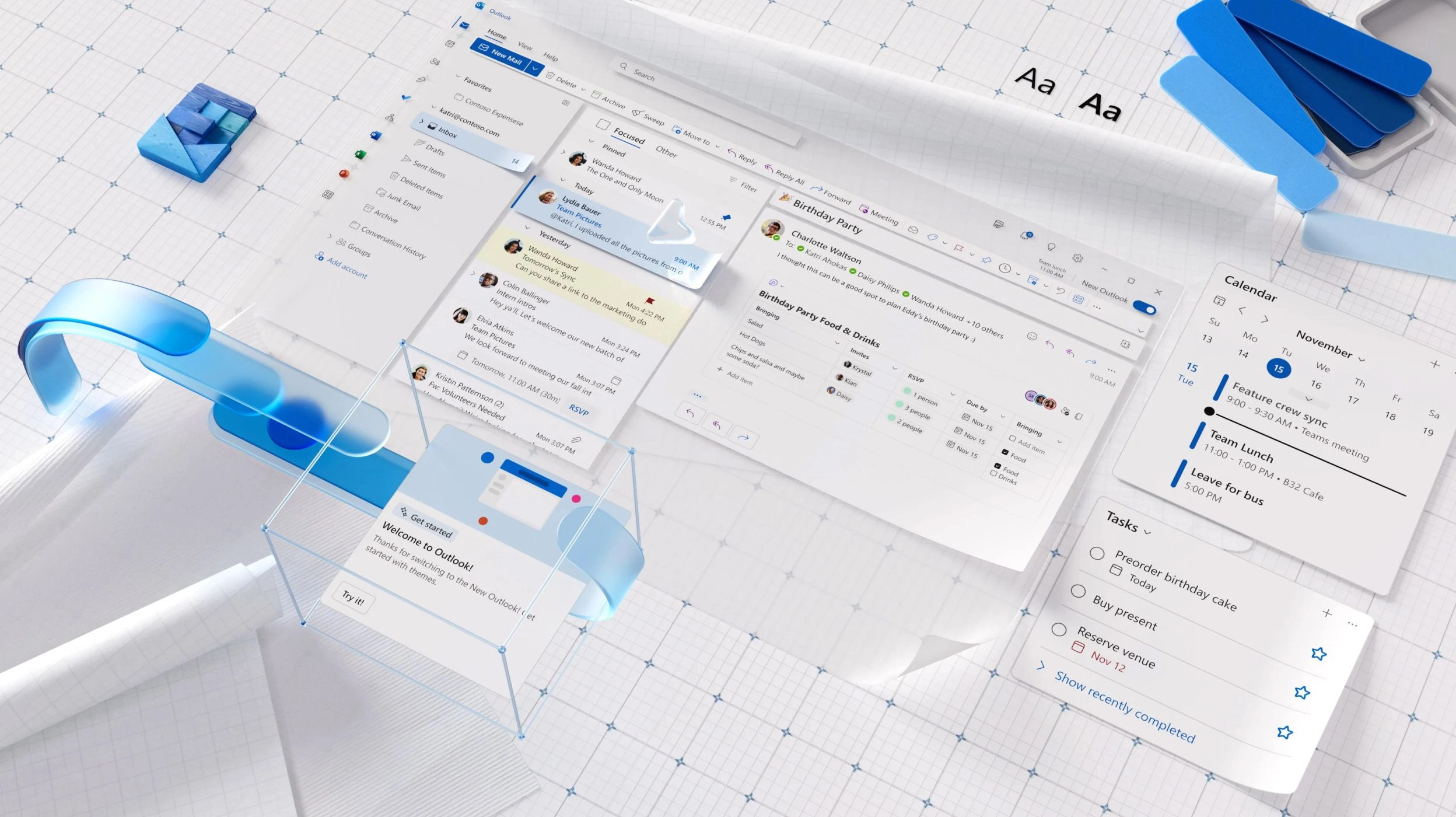 A digital workspace interface showcases various productivity tools. It includes a task management board, a messaging system, and a calendar. The background displays a grid layout with 3D elements such as blue and white shapes and a color palette swatch.