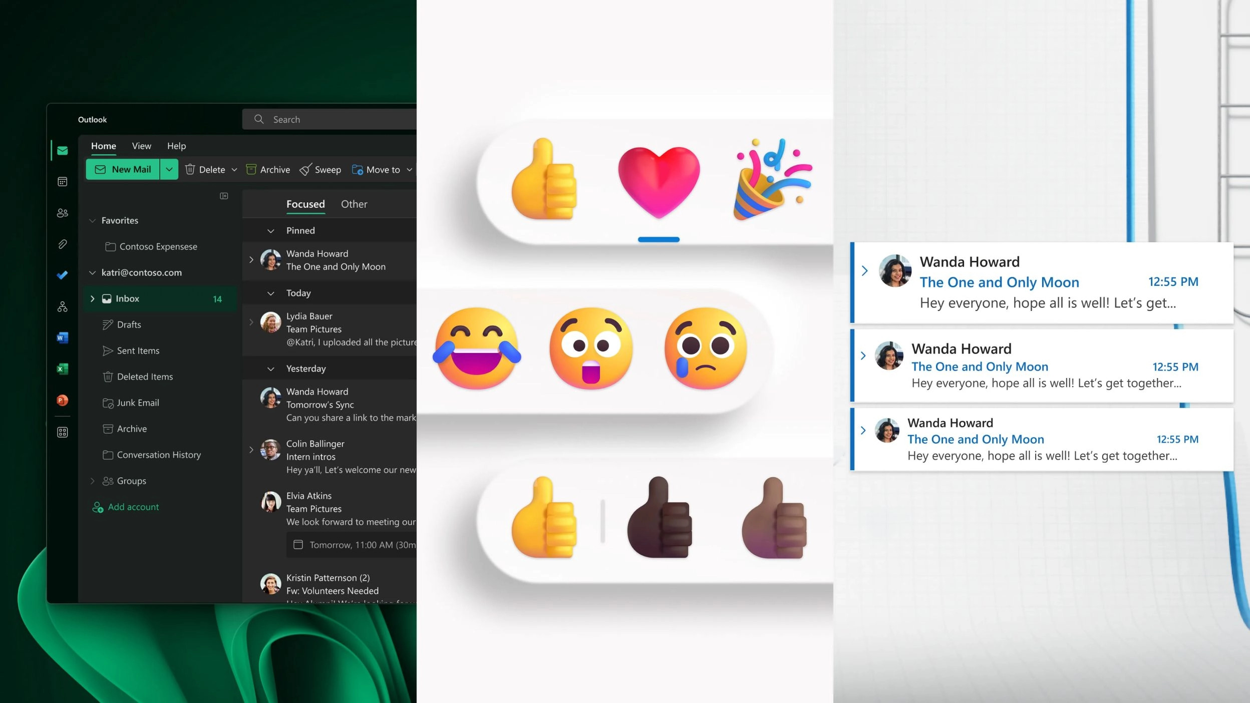 A collage showing three panels: the left panel features an email inbox interface, the middle panel displays various emoji reactions including thumbs up, heart, laughing face, and more, while the right panel shows a chat interface with messages from a user named Wanda Howard.