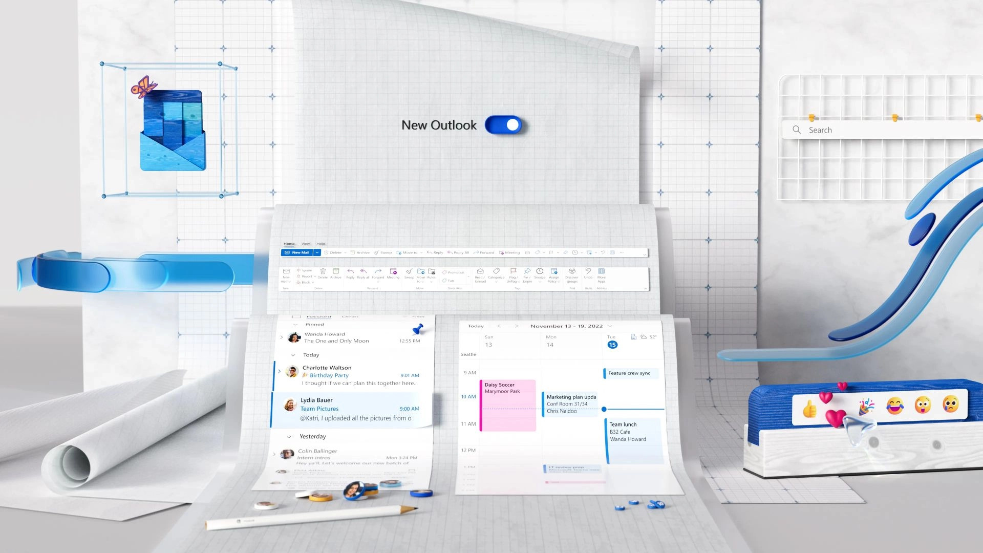 A stylized image depicts a digital workspace with various elements like emails, calendars, and documents, representing the new Outlook interface. The background includes design tools and stationery, suggesting a blend of technology and creativity.