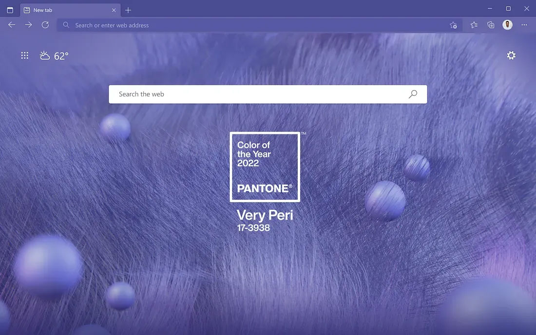 A web browser tab open to a new tab page displays a search bar. The background is a fluffy texture in the Pantone Color of the Year 2022, Very Peri (17-3938), with floating spheres. The temperature is shown as 62°F in the upper-left corner.