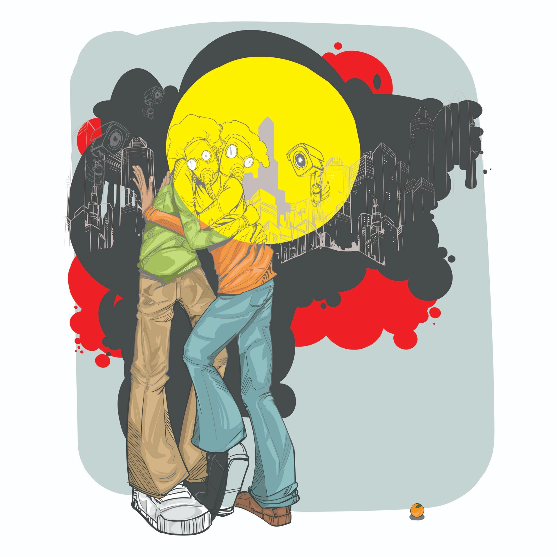 A stylized artwork depicting two people embracing against a cityscape background with a large yellow sun or moon. The background includes abstract city buildings, red and black shapes, and security cameras. Their faces are sketched with mechanical details.