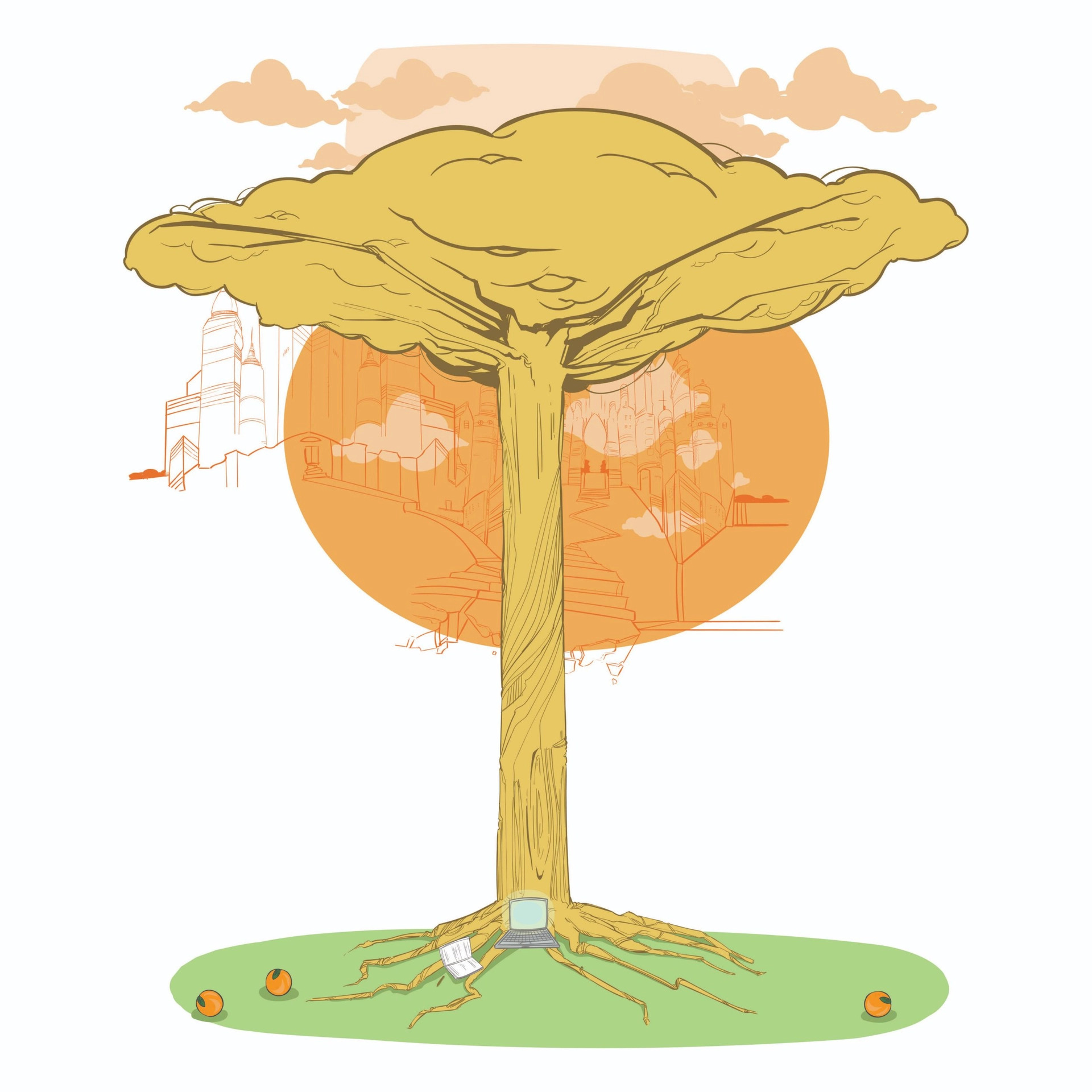 Illustration of a large tree with an expansive canopy and visible roots. The tree stands on a grassy field with apples scattered around. The backdrop features a cityscape outlined against an orange sun. A computer monitor and keyboard rest at the base of the tree.