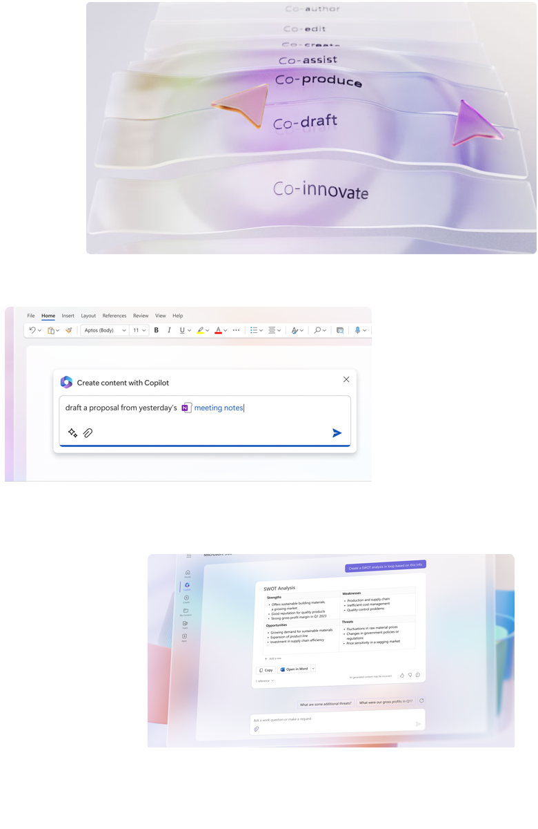 A sequence of images showcasing Microsoft Copilot's integration with Office apps. The first image highlights various features like Co-author and Co-innovate. The second shows Copilot drafting a proposal from meeting notes. The third depicts a document review with Copilot's assistance.