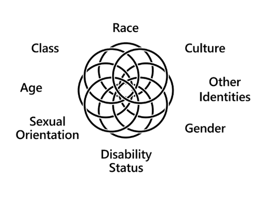 A Venn diagram with seven intersecting circles in the center, each representing different social identities: Race, Class, Culture, Age, Sexual Orientation, Gender, Disability Status, and Other Identities.