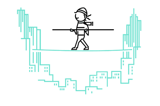 A digital drawing features a stick figure wearing a bandana and walking on a tightrope while holding a balancing pole. The tightrope is strung between two simplified, teal-colored skyscrapers in the background.