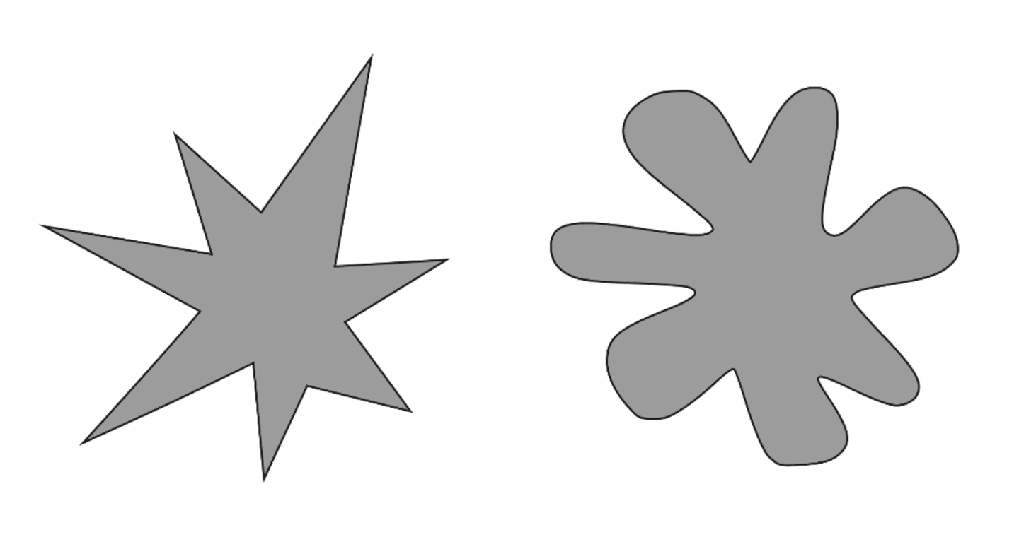 Image showing two gray shapes on a white background. The shape on the left is a sharp, multi-pointed star with irregularly long points. The shape on the right is softer, with rounded, blob-like protrusions, resembling a splat or an amoeba.