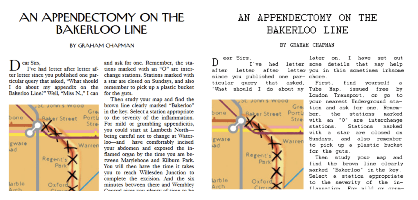 Side-by-side comparison of two printed pages titled "An Appendectomy on the Bakerloo Line" by Graham Chapman. The left page has a clearer and more distinct font, while the right page has blurred text with some differences in typography and spacing. Each page features a map of a subway line in the bottom left corner.