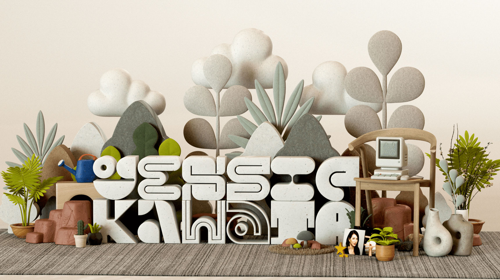 A whimsical scene featuring large, bubble-text letters spelling out "Jessica Kashita" amidst stylized plants and mountains. The scene includes a wooden desk with a vintage computer, potted plants, a watering can, and a photo of a woman taped to the desk.