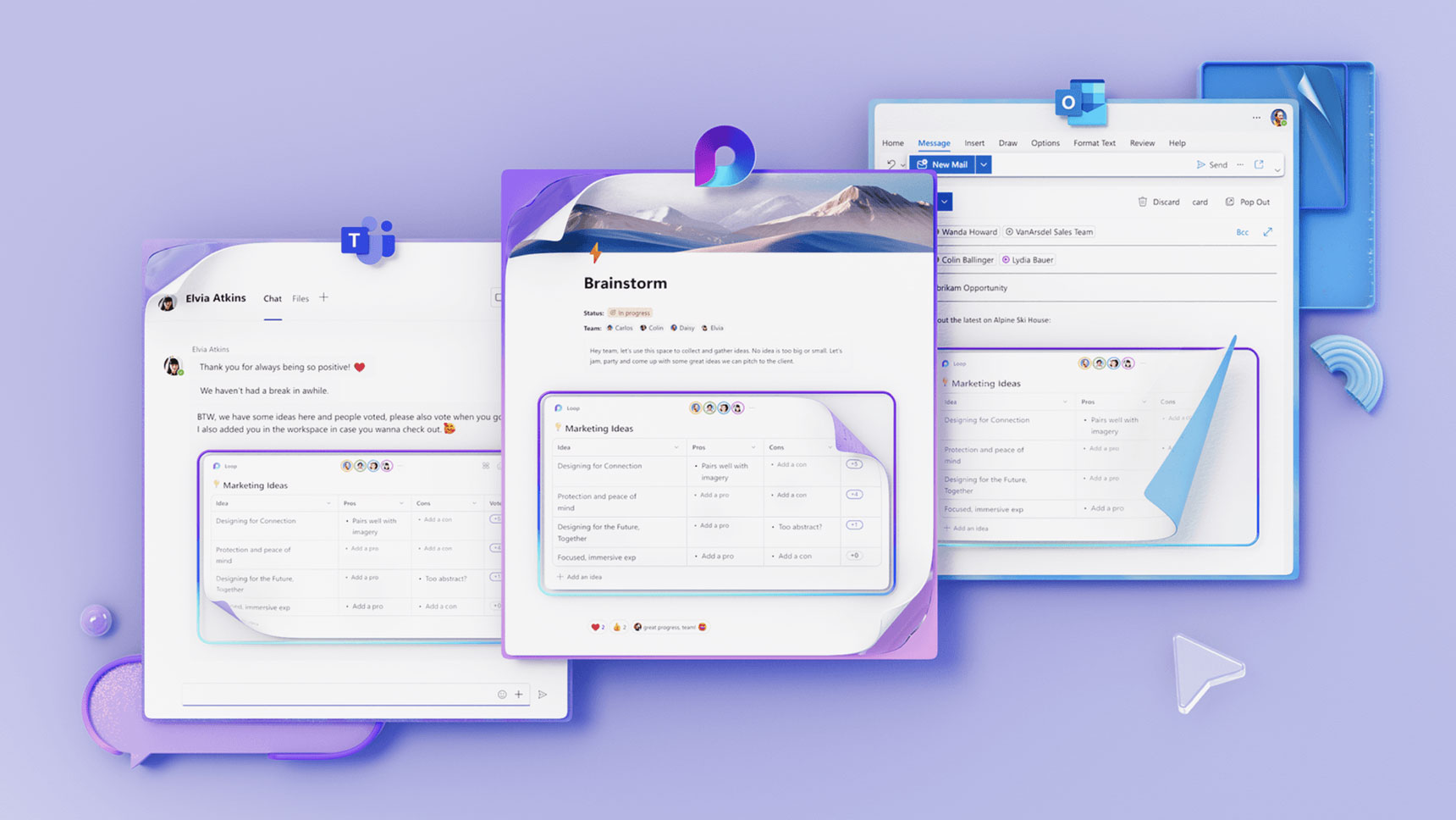 A digital collage featuring overlapping screenshots of an email client, a brainstorming app, and a collaboration tool interface against a soft blue and purple background. The central screenshot displays a "Brainstorm" session with various tasks and assignments.