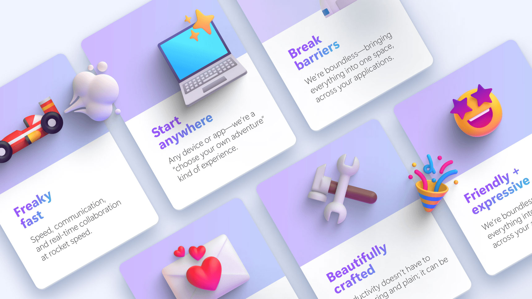 A collage of colorful 3D icons and brief texts on cards. Icons depict a race car, laptop, flying envelope with a heart, wrench and screwdriver, emoji with star eyes, and a celebration hat. Text highlights features: speed, accessibility, compatibility, craftsmanship, and expressiveness.