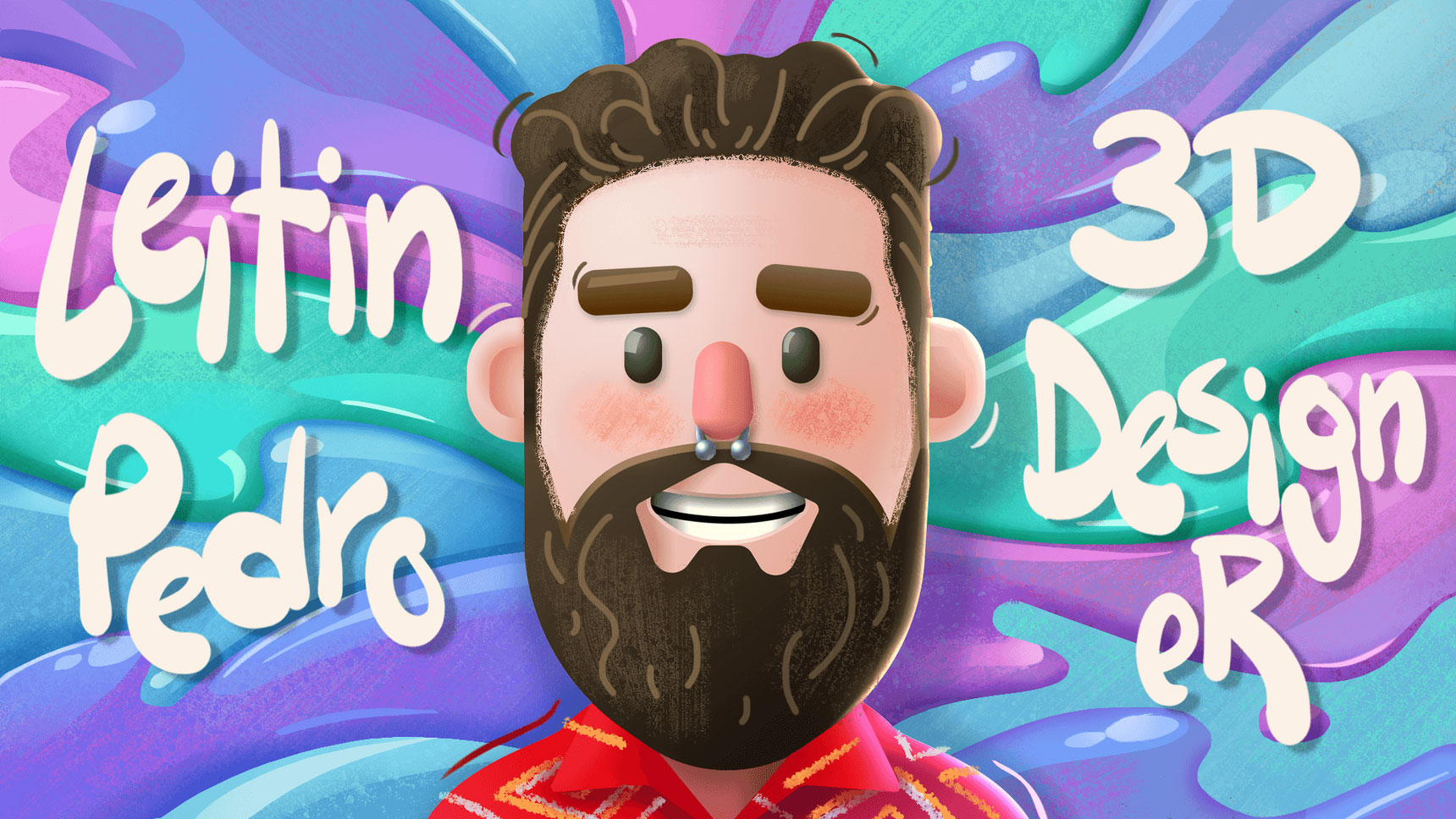 A colorful illustration of a bearded man with a smiling face, wearing a red shirt with patterns. The background is an abstract mix of vibrant colors. The text "Leitin Pedro" and "3D Designer" is written in a playful, white font on either side of the man.