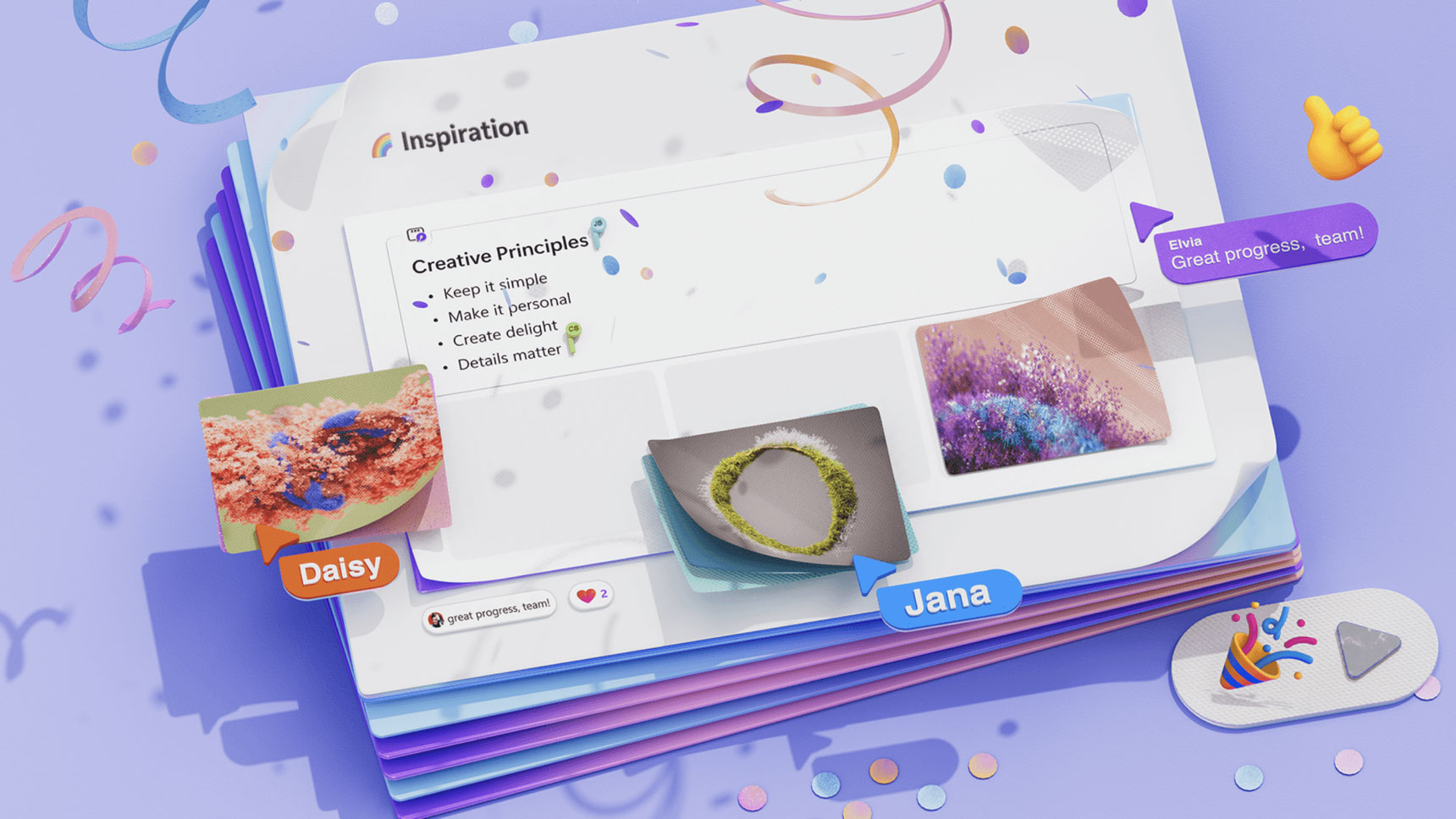 A vibrant presentation slide titled "Creative Principles" features key points: "Keep it simple, Make it personal, Create delight, Details matter." Cards with the text "Daisy" and "Jana" flank colorful creative visuals. Confetti and celebratory icons decorate the scene.