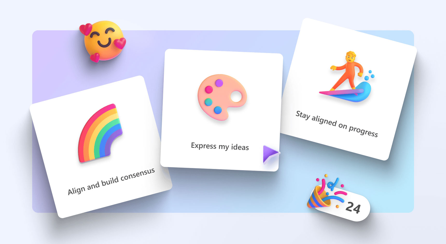 A colorful graphic features three cards with icons and text. The first card shows a rainbow with the text "Align and build consensus." The second card has a palette icon with "Express my ideas." The third card depicts a surfer with "Stay aligned on progress.