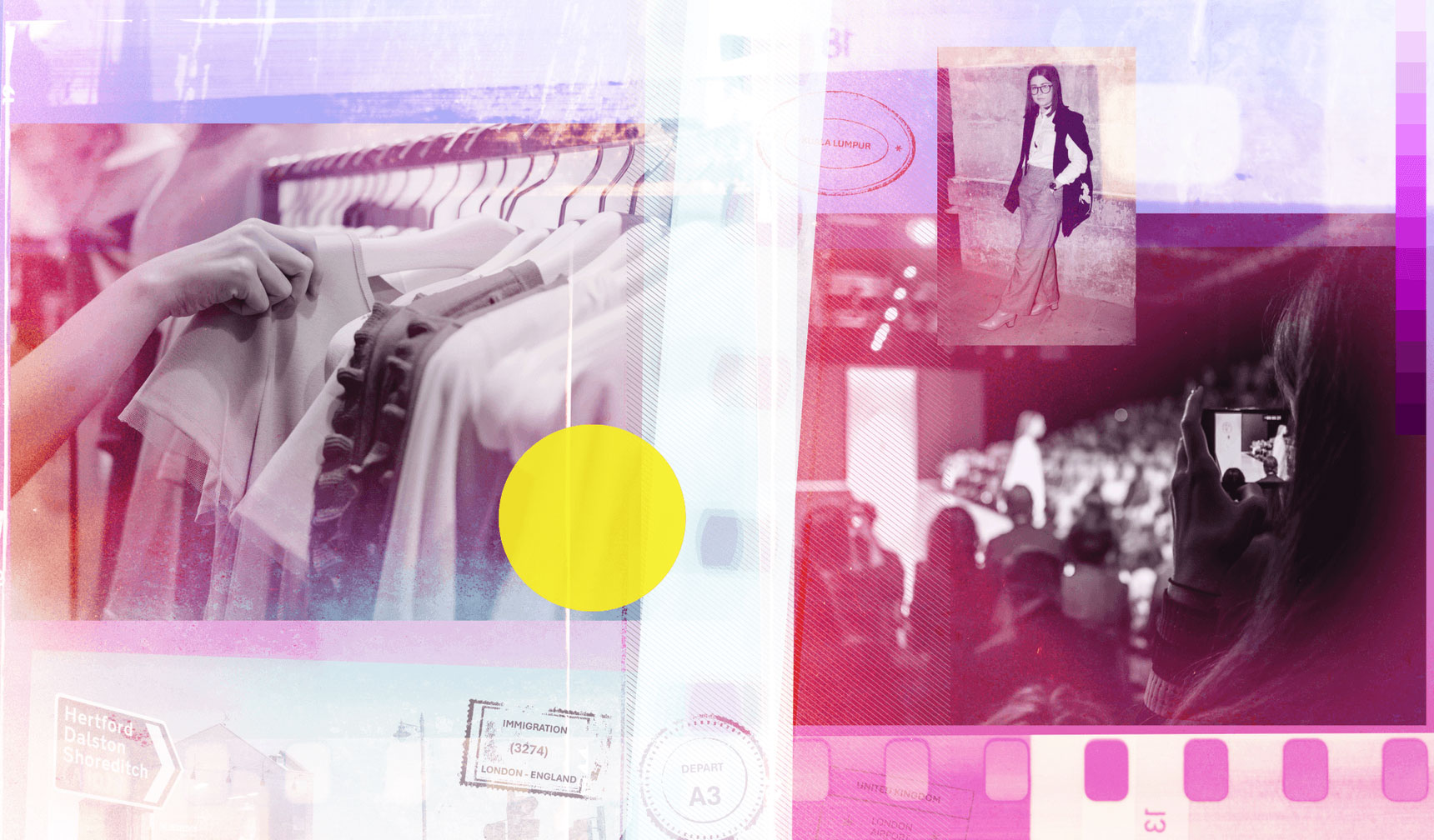 A collage with a hand browsing clothes on a rack, an audience at a fashion show, and a woman posing for a photo. The background has a film strip overlay with pink, purple, and white tones, along with a large yellow circle.