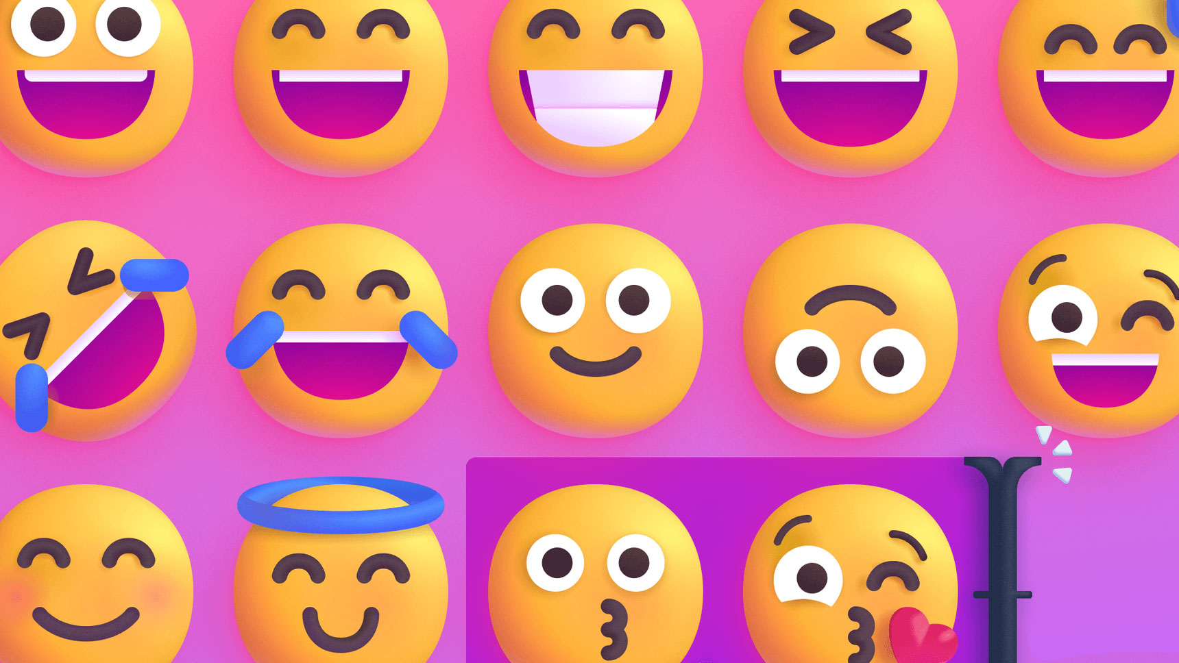 A grid of 14 yellow emojis with various expressions, including laughing, crying with joy, winking, and blowing a kiss. The background is a vibrant pink and purple gradient. One emoji has a halo, and another appears to be sending a virtual hug.