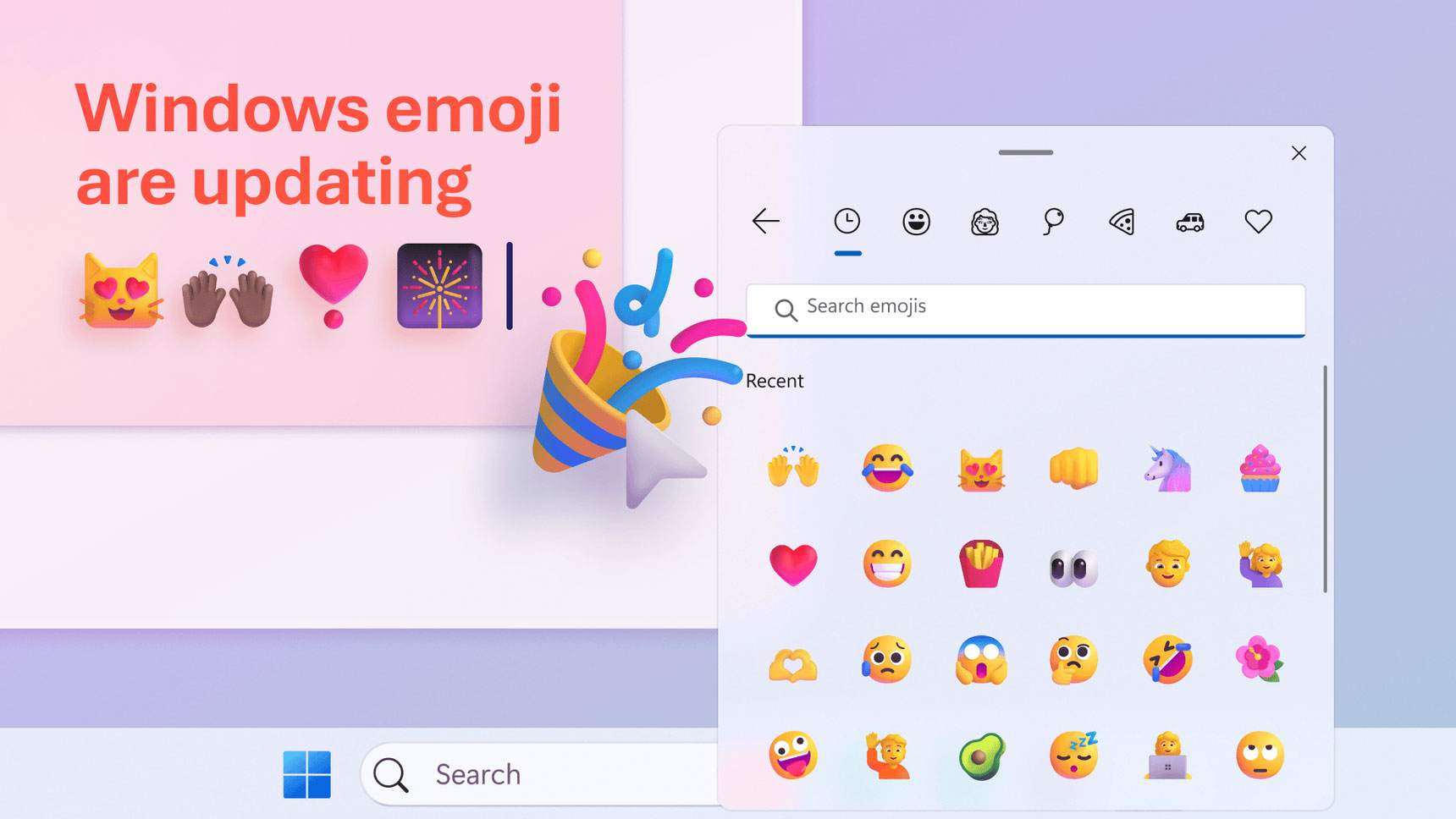 A screenshot showing a new update for Windows emojis. The update includes a refreshed design with vibrant emojis such as a cat face, a hand wave, a heart, a fireworks display, and a party popper. A search bar is visible at the bottom left corner.