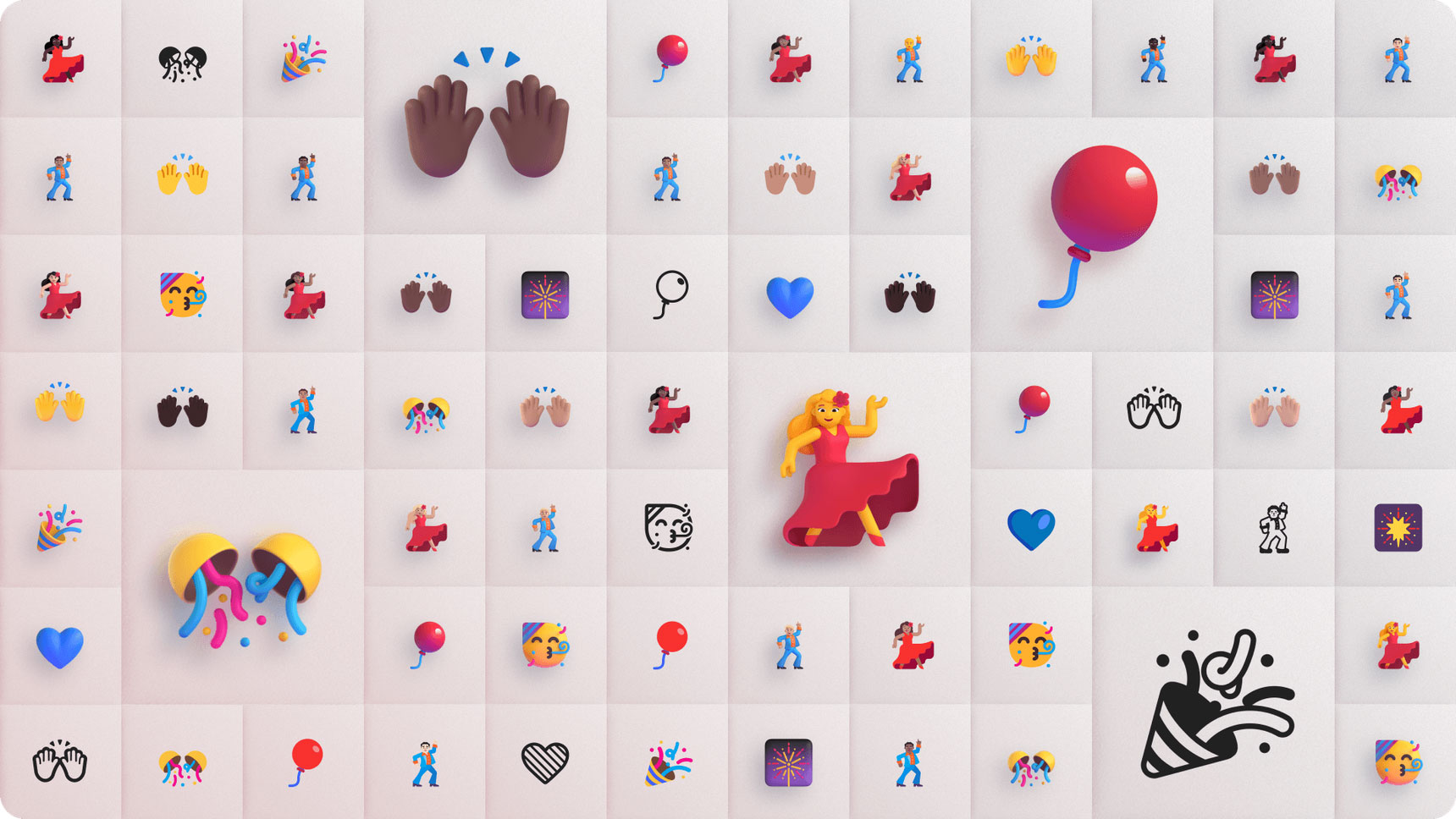 A grid of various 3D emojis on a light-colored background, featuring hand gestures, people dancing, hearts, balloons, musical notes, magnifying glasses, sun and moon icons, and other symbols. A large 3D yellow-haired dancer with a red dress stands out in the center.