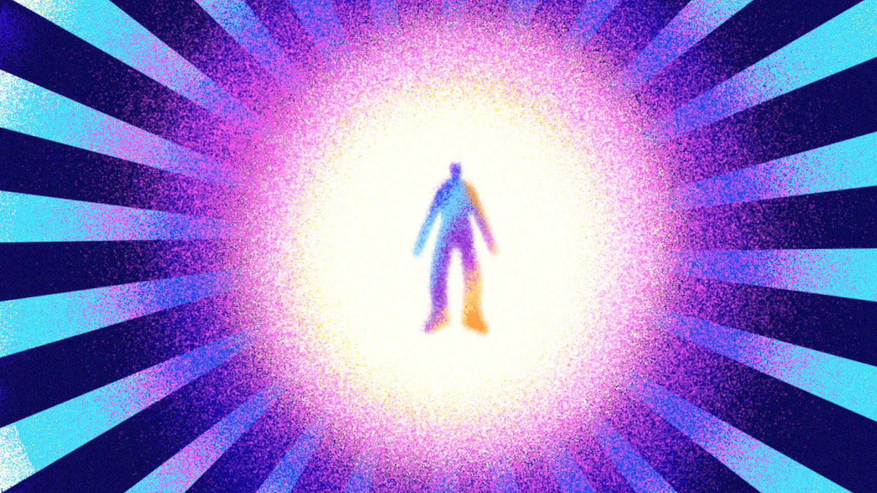 A colorful, abstract image of a human silhouette standing in the center surrounded by bright, radiating beams of light in shades of purple, blue, and white. The silhouette appears to be a blend of blue, yellow, and orange hues, giving a vibrant, ethereal feel.