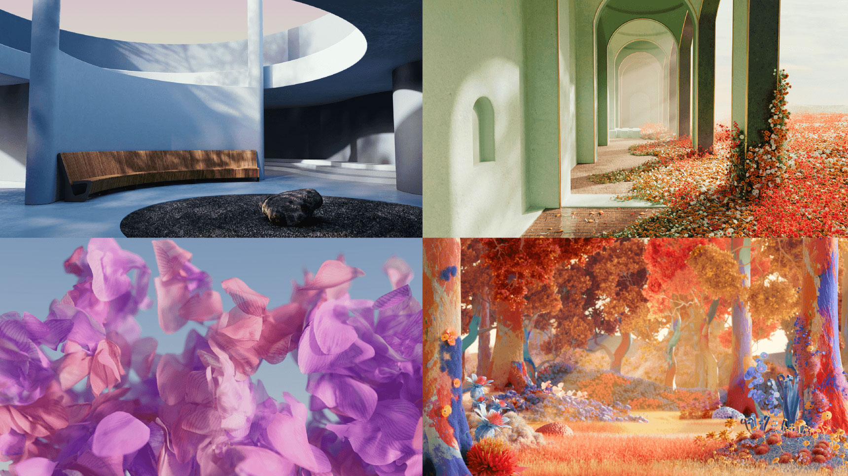 A collage of four surreal images: a circular shadowed room with a bench and dog; an arched hallway overlooking a vibrant floral field; close-up of delicate pink flowers; a colorful, fantasy forest with bright red and blue foliage.