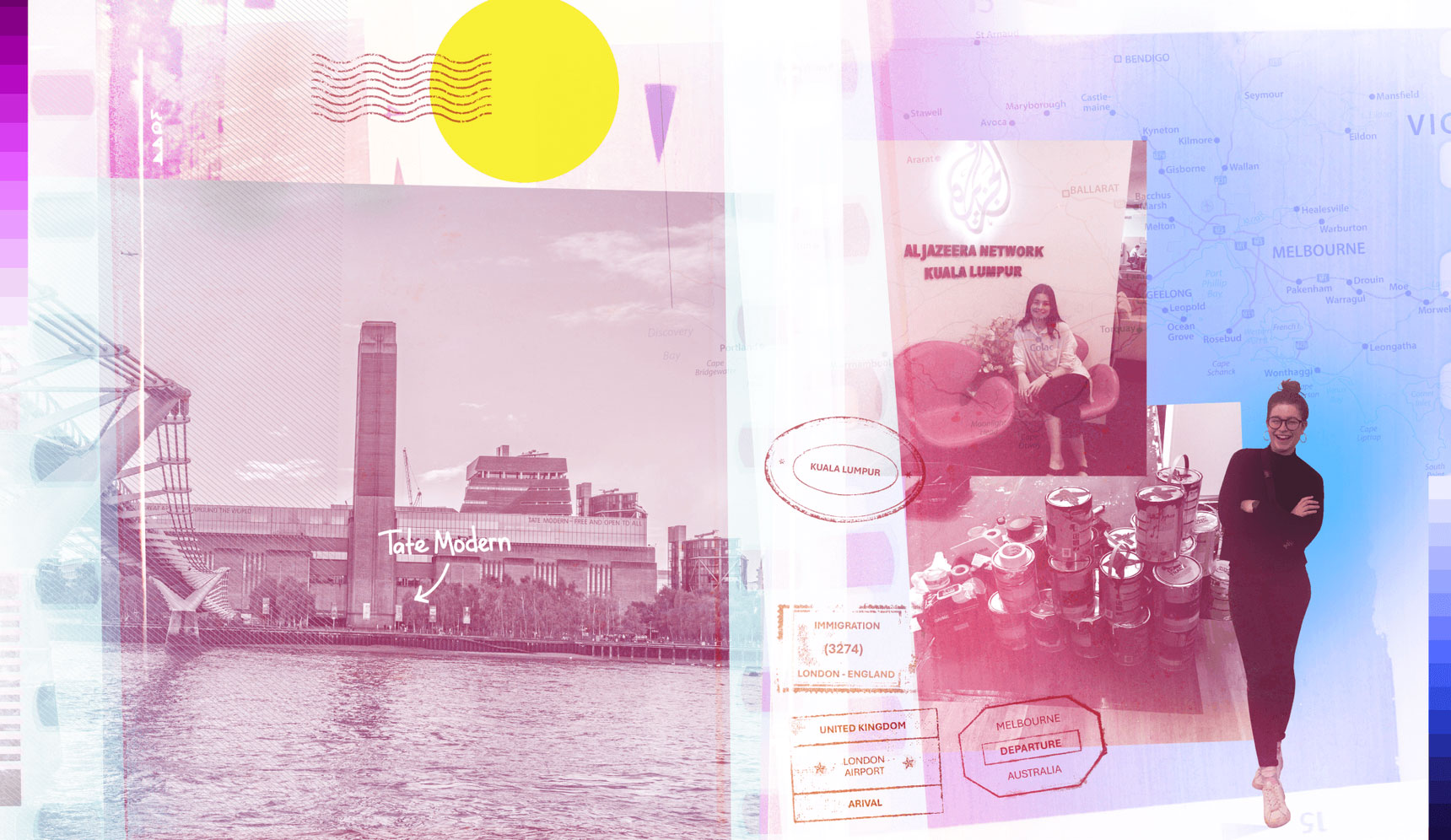 A collage featuring a black-and-white photo of the Tate Modern in London on the left and a colorful scene on the right with a map, a person standing beside a sign reading "Aljazeera Network Kuala Lumpur," and another person sitting at a desk.