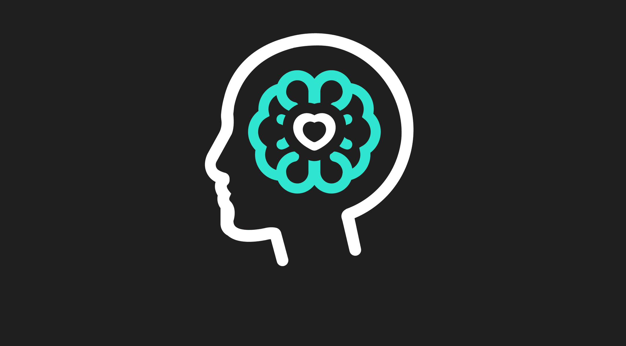 Simple graphic of a human head in profile with an outlined brain, featuring turquoise and white color accents. A heart shape is centrally placed within the brain, set against a black background.