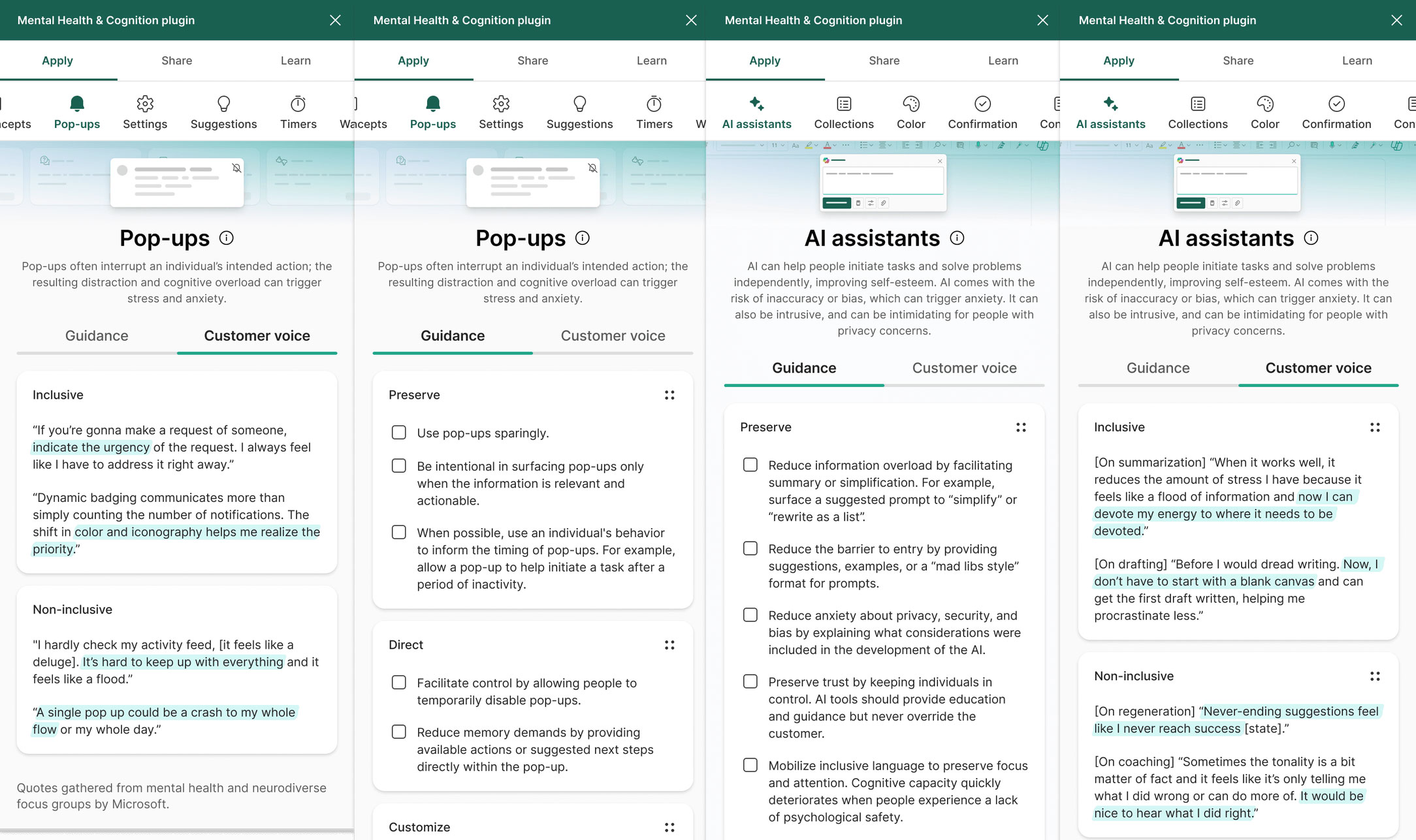 A webpage displaying information about guidance and customer feedback on two features: Pop-ups and AI assistants. The guidance section outlines inclusive and non-inclusive practices, while the customer voice section provides real customer quotes and insights.
.