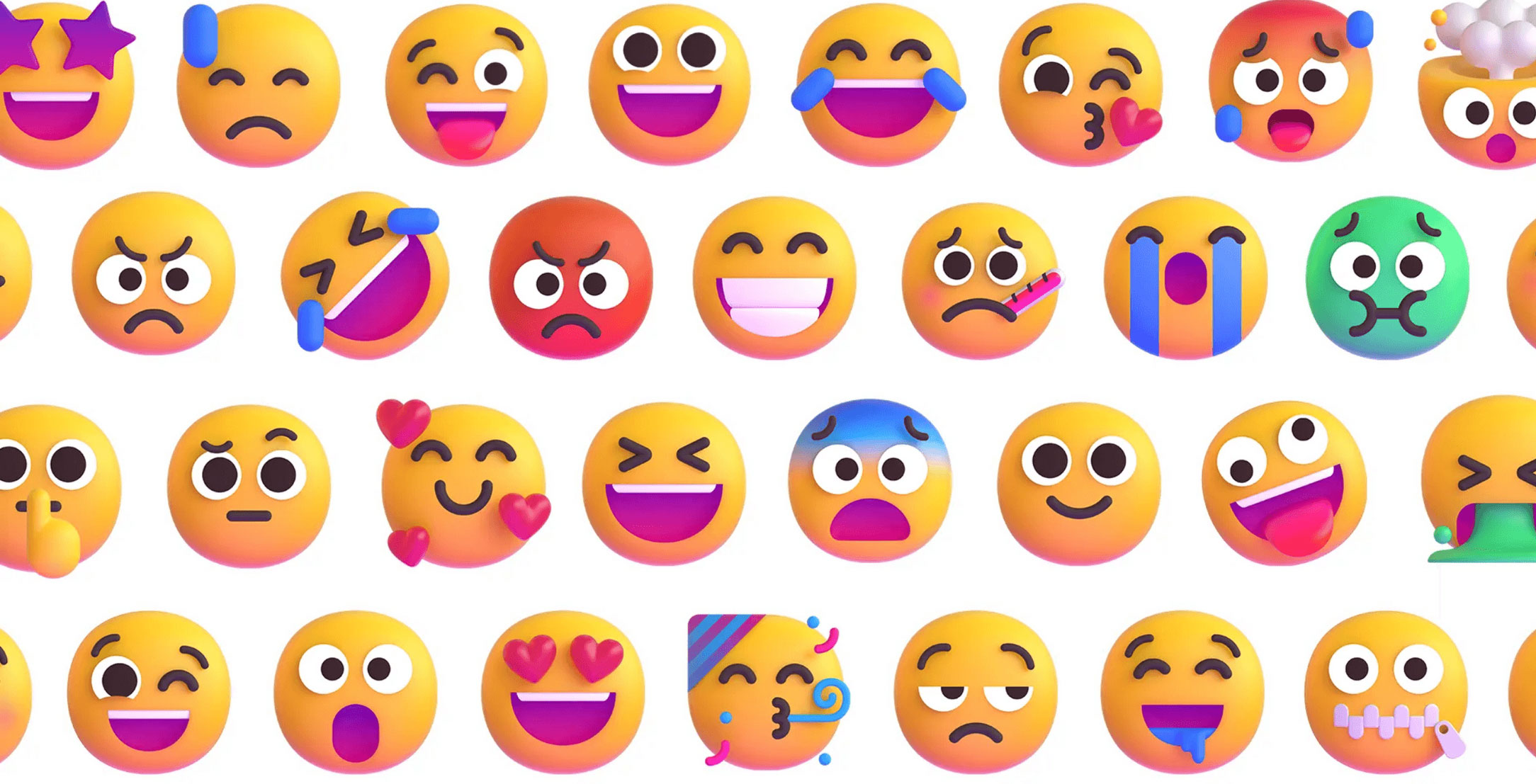 A collage of 30 emoji faces displaying a variety of emotions and actions, from happy, sad, and angry to laughing, crying, and confused. Some faces are embellished with additional icons like hearts, stars, party hats, and sweat drops against a white background.