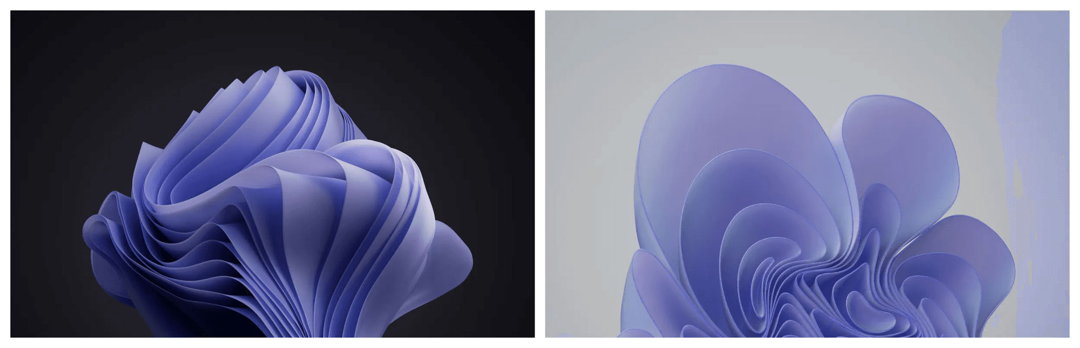 Side-by-side images of abstract digital art featuring layered, flowing, purple shapes. The left image has a more structured, dark background, while the right image has smoother, more fluid shapes with a light background. Both evoke a sense of movement and depth.