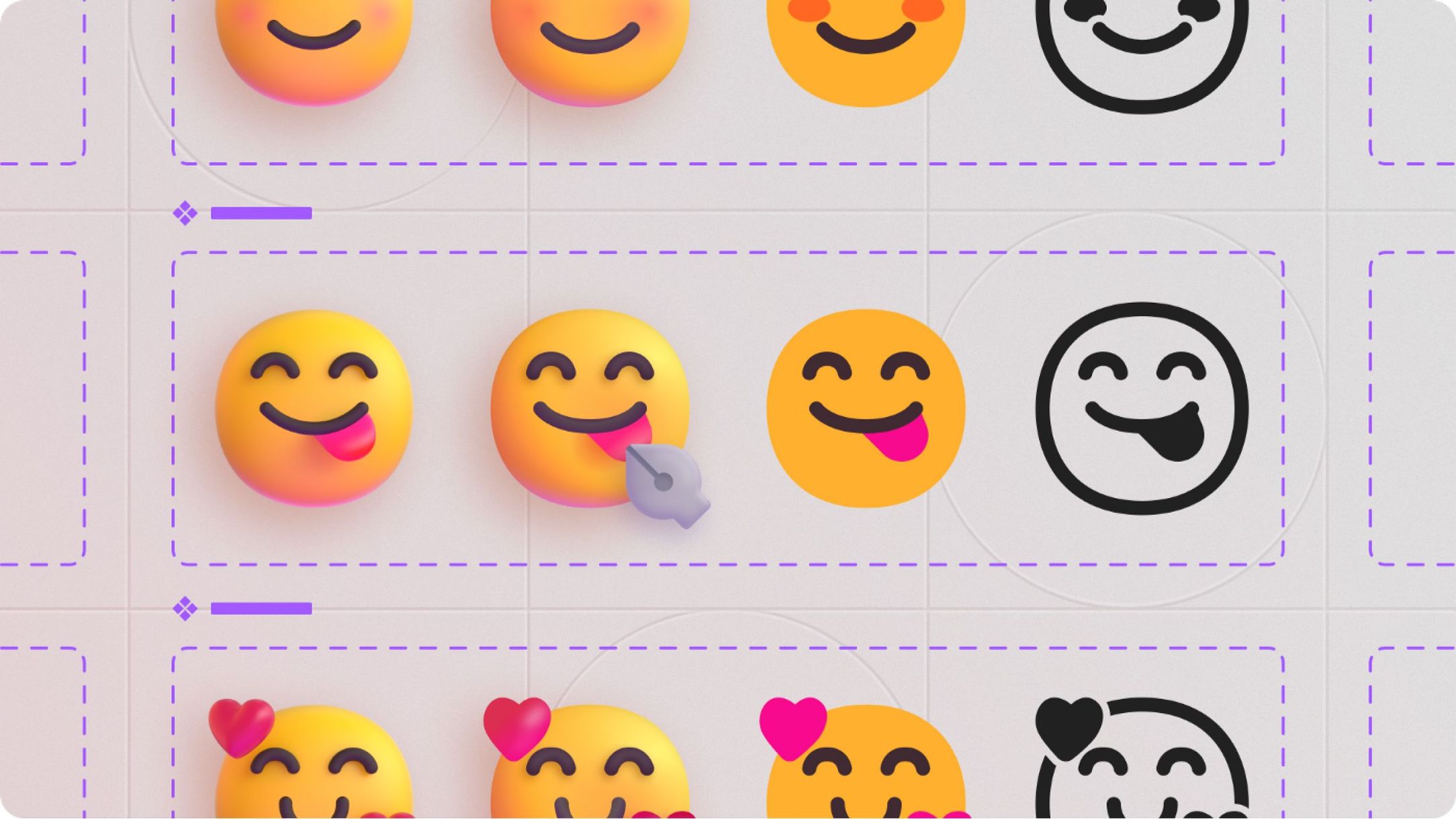 A design board with various happy face emojis. Some emojis have added features like a hand pinching the cheek, blushing cheeks, or heart eyes. A cursor is interacting with one emoji, suggesting it is being designed or modified. The background shows dashed guidelines.