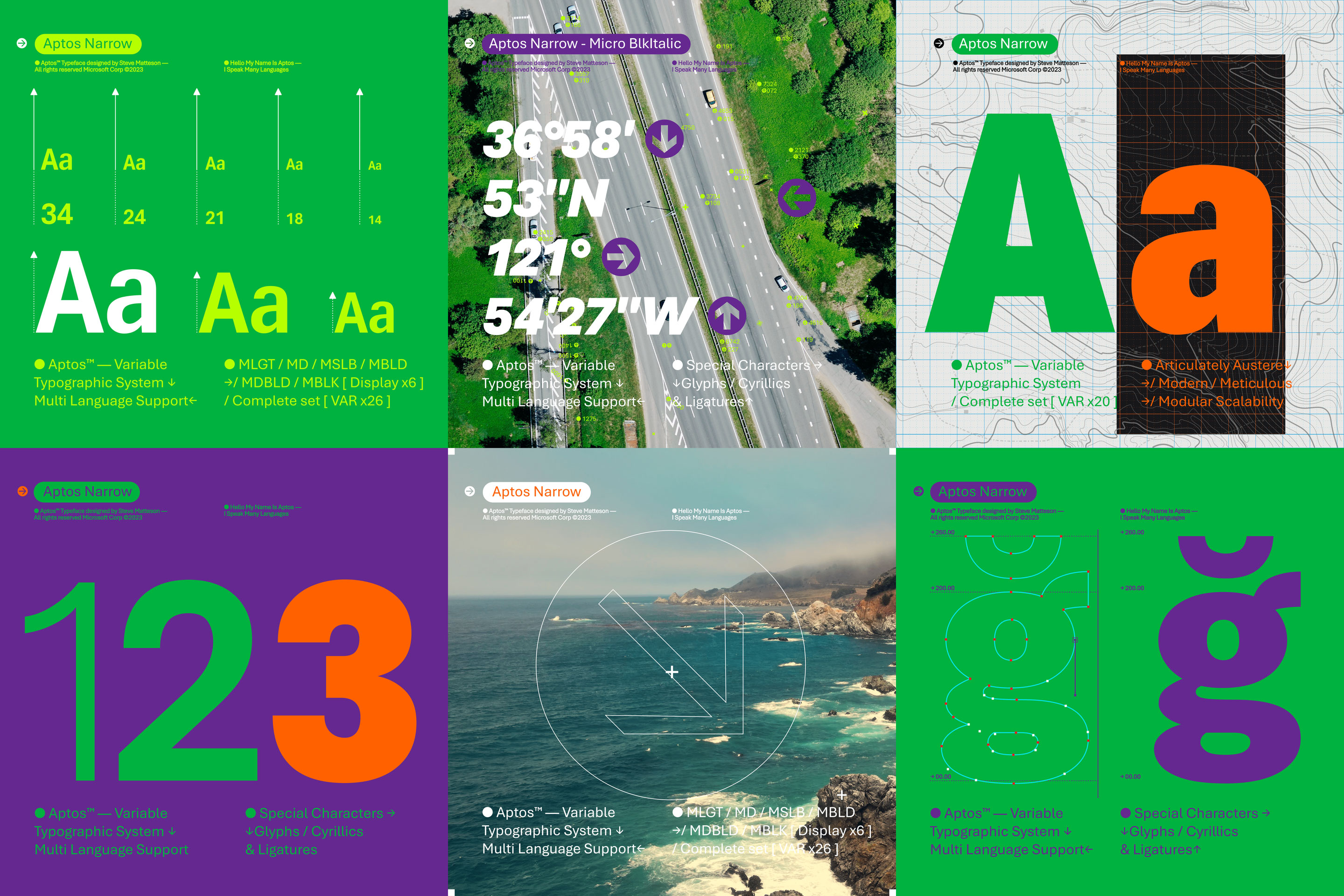 A collage of images showcasing the Aptos typeface in various applications. Includes samples of letters, numbers, and text in different weights and sizes, alongside colorful backgrounds and scenic photos. Typography terms and coordinates are featured.