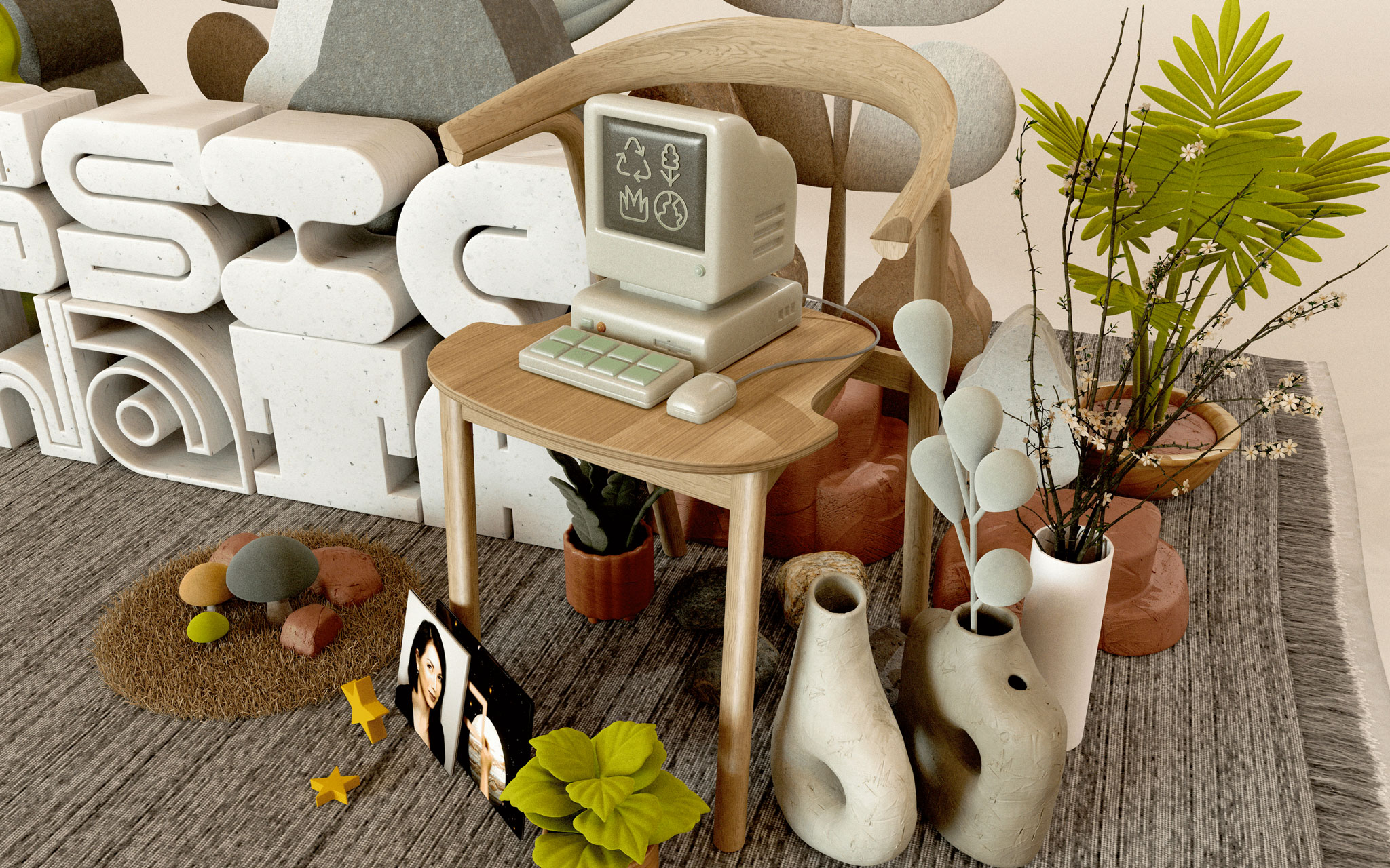 A vintage computer sits on a wooden table surrounded by abstract sculptures, potted plants, and decorative objects. Nearby, a patterned rug contrasts with the neutral tones of the environment, and a small framed photograph lies on the floor beside a green leaf.