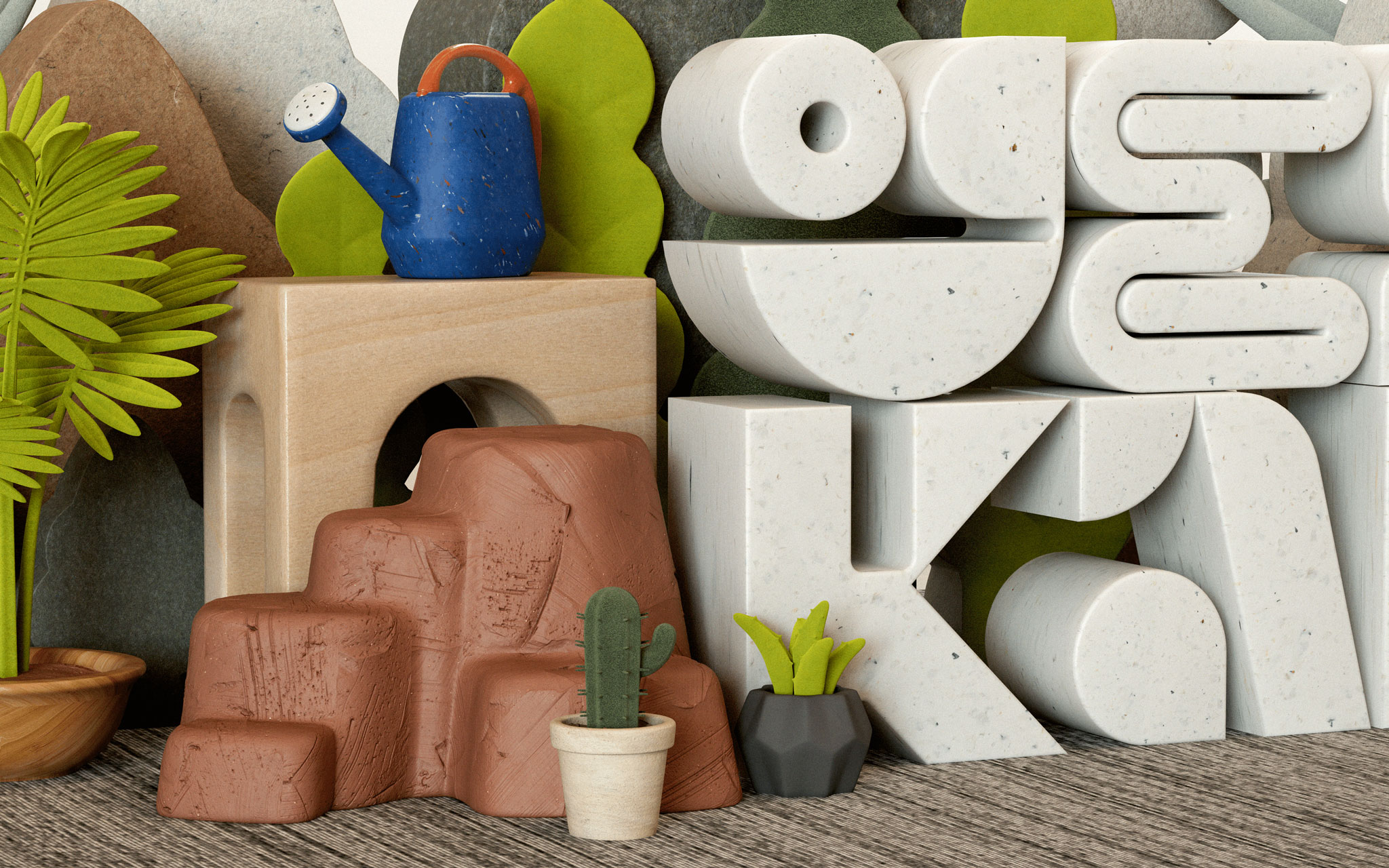 A whimsical scene featuring stacked, white alphabet blocks on the right, a blue watering can on a wooden arch, and various potted plants including a cactus. A rocky formation and a green palm create a nature-inspired atmosphere on a textured surface.