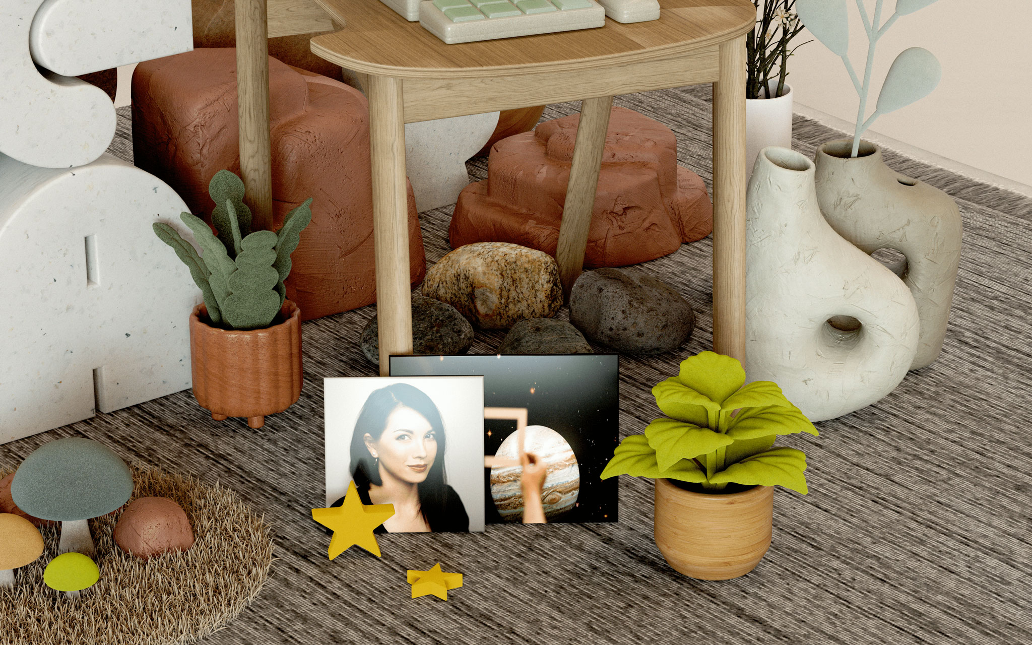 A cozy scene with a wooden desk surrounded by various decor items. On the floor, two framed photos are displayed, one featuring a woman and the other showing a celestial-themed image. Nearby are potted plants, star ornaments, abstract sculptures, and plush seating.