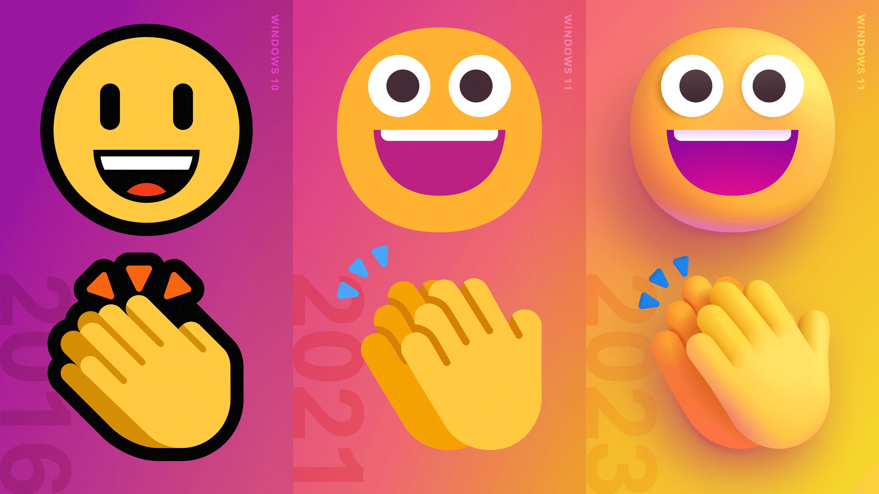 Three clapping hand emojis from 2016, 2021, and 2023 are shown on a gradient background. Each emoji features a smiling face above clapping hands. The designs become more detailed and three-dimensional from left to right, indicating progression over time.