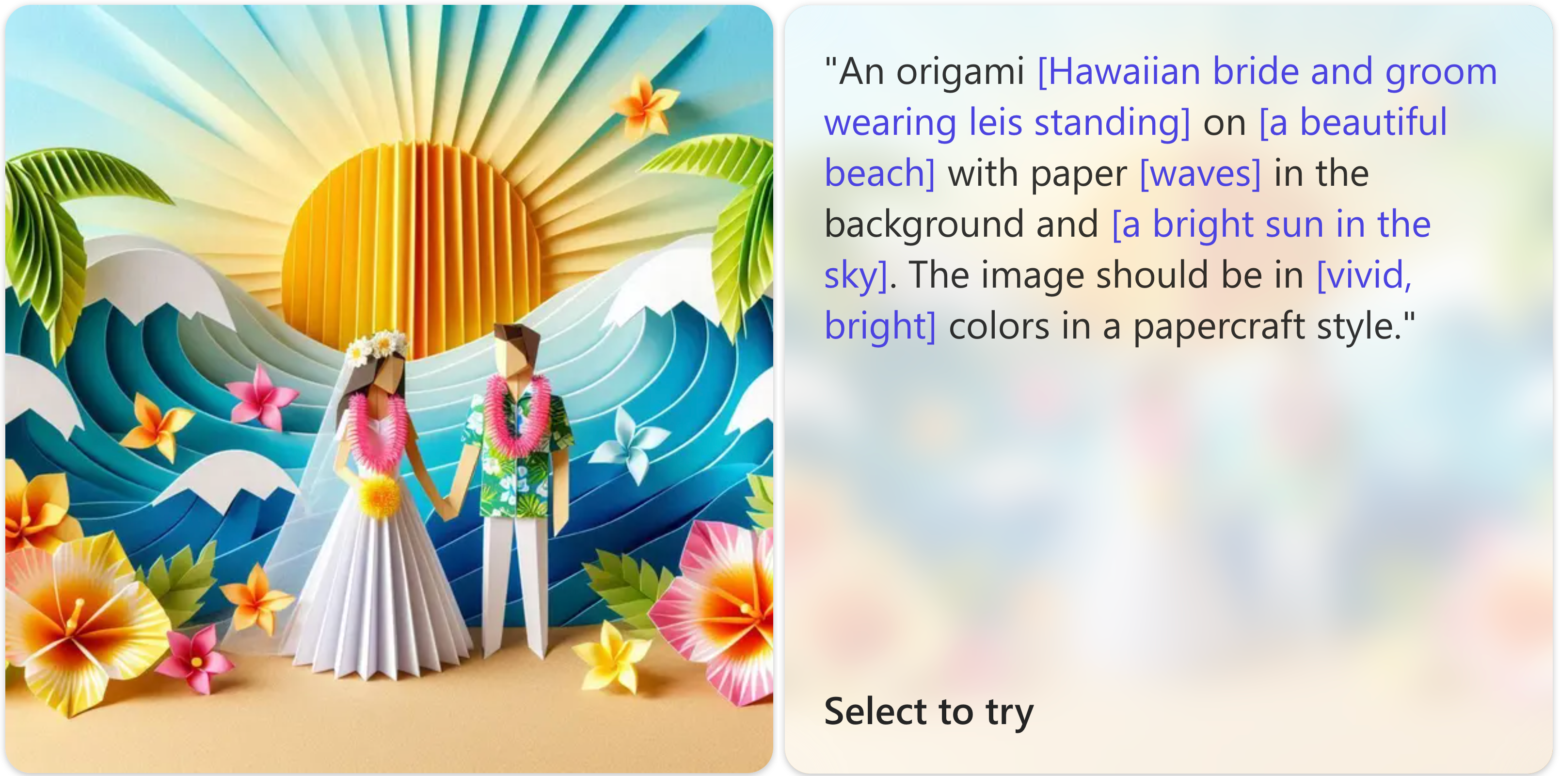 An origami Hawaiian bride and groom wearing leis stand on a beautiful beach with paper waves in the background and a bright sun in the sky. The image is vibrant, featuring vivid, bright colors in a papercraft style.