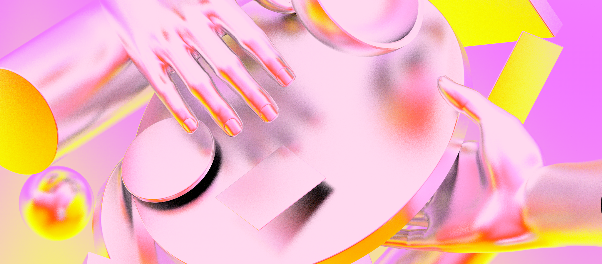 A surreal, abstract digital artwork featuring disembodied hands interacting with geometric shapes. The composition includes cylindrical and circular forms with a reflective, metallic texture on a vibrant pink and yellow gradient background.